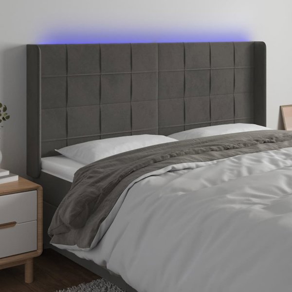 vidaXL Zaglowek do lozka me LED, σκούρο γκρι, 183x16x118/128 εκ., βελούδο