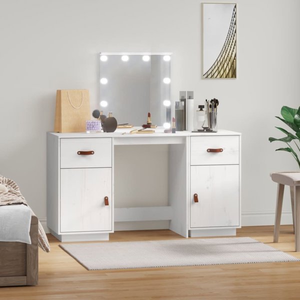 vidaXL vidaXL Toaletka z LED, vit, lite drewno sosnowe