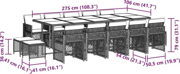 vidaXL Σετ 15 τμχ επίπλων κήπου με μαξιλάρια, καφέ, PE rattan