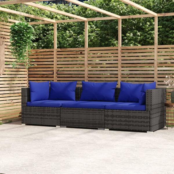 vidaXL vidaXL 3-osobowa sofa ogrodowa z poduszkami, szary rattan PE