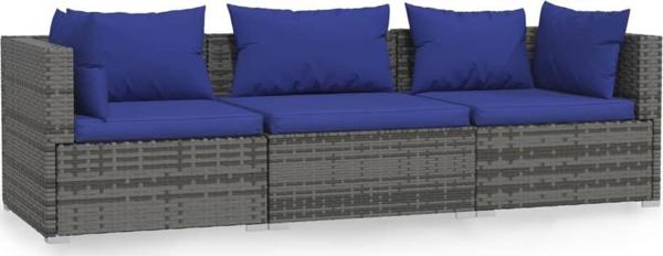 vidaXL vidaXL 3-osobowa sofa ogrodowa z poduszkami, szary rattan PE