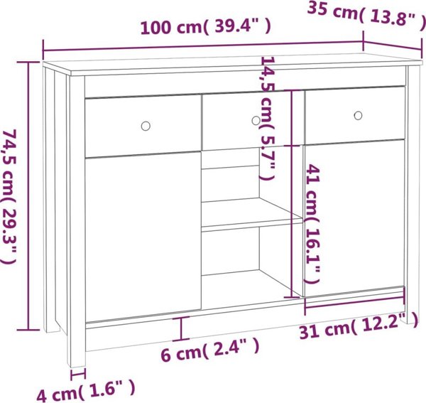 vidaXL vidaXL Komoda, czarna, 100x35x74,5 cm, lite drewno sosnowe