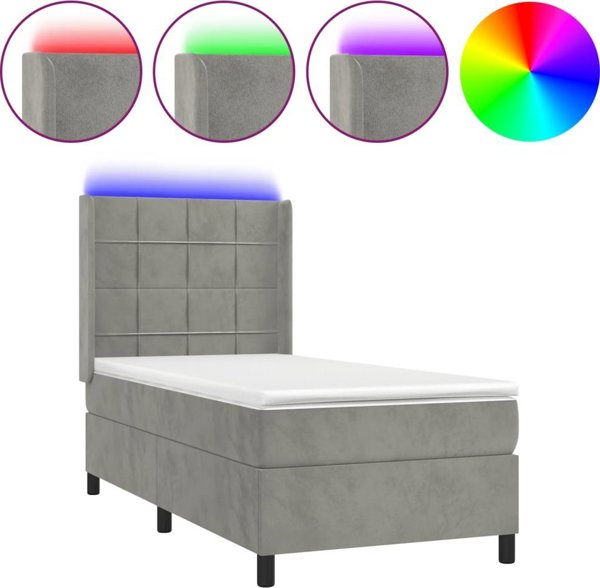 vidaXL Κρεβάτι κοντινεντάλ με στρώμα και LED, γκρι 100x200 εκ, βελούδο