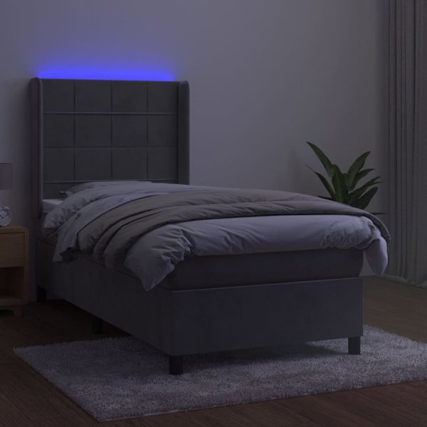 vidaXL Κρεβάτι κοντινεντάλ με στρώμα και LED, γκρι 100x200 εκ, βελούδο