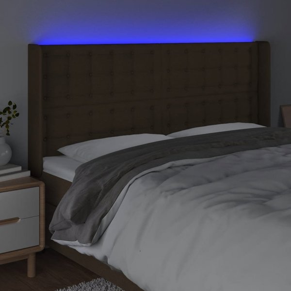 vidaXL Zaglowek do lozka z LED ciemnobrazowy 203x16x118/128 cm tkanina