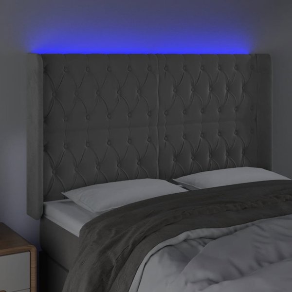vidaXL Κεφαλάρι κρεβατιού με LED, ανοιχτό γκρι, 147x16x118/128 εκ, βελούδο