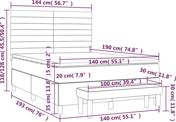 vidaXL Λουζκο κοντινεντάλε με στρώμα, ανοιχτό γκρι, βελούδο, 140x190cm