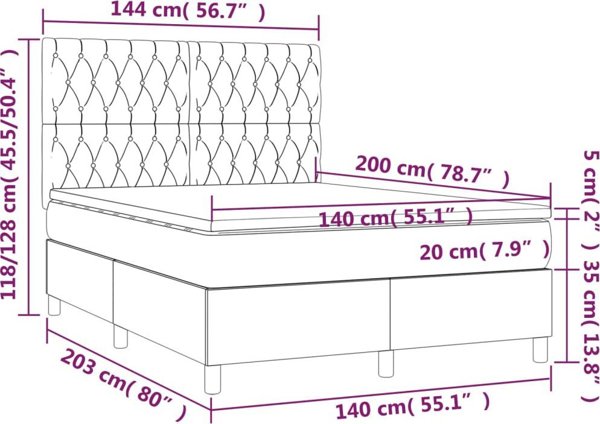 vidaXL Κρεβάτι Kontynentalne με Στρώμα και LED, μαύρο βελούδο, 140x200 cm