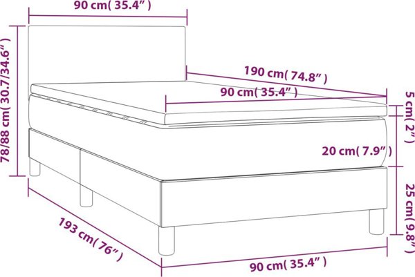 vidaXL Κρεβάτι Continental με στρώμα, σκουρόχρωμο γκρι ύφασμα 90x190 εκ.