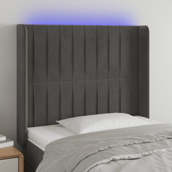 vidaXL Κεφαλάρι κρεβατιού με LED, σκούρο γκρι, 83x16x118/128 cm, ατλαζέ ύφασμα