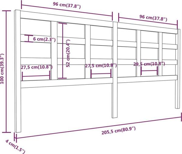 vidaXL κεφαλάρι κρεβατιού, γκρι, 205,5x4x100 cm, μασίφ ξύλο πεύκου