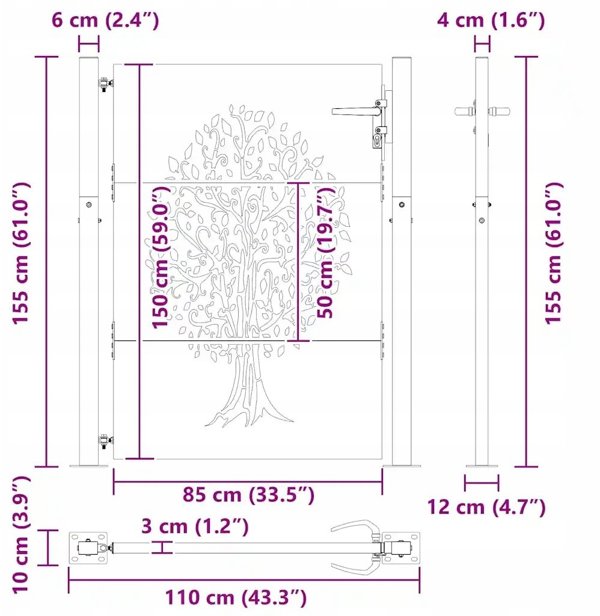 vidaXL VidaXL Brama ogrodowa Czarny 110 x 155 cm Stal Malowana Proszkowo