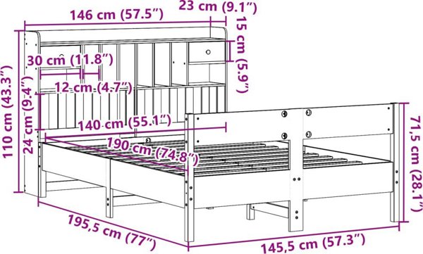 vidaXL Κρεβάτι με ράφι, χωρίς στρώμα, κεχριμπαρένιο καφέ, 140x190εκ, πεύκο