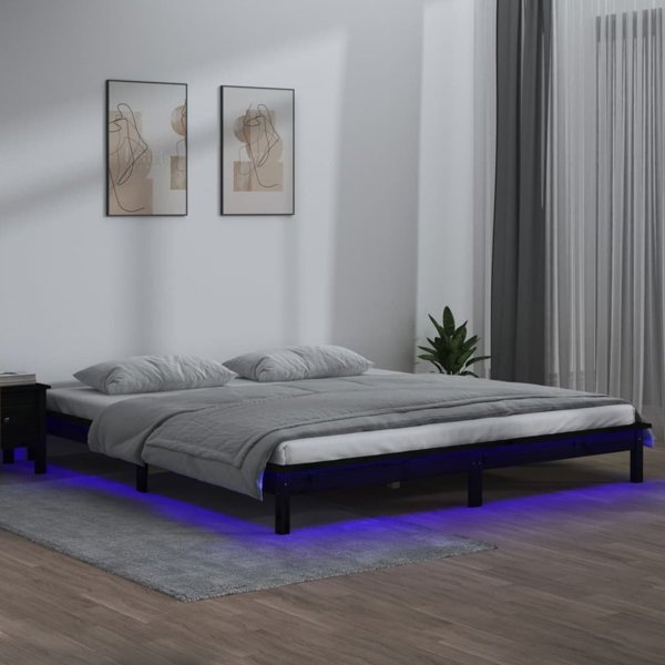vidaXL Rama κρεβατιού με LED, μαύρη, 120x190 cm, διπλό, από μασίφ ξύλο