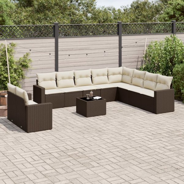 vidaXL Σετ Κήπου 11 Τεμαχίων, PE Rattan με Μαξιλάρια, Καφέ Χρώμα