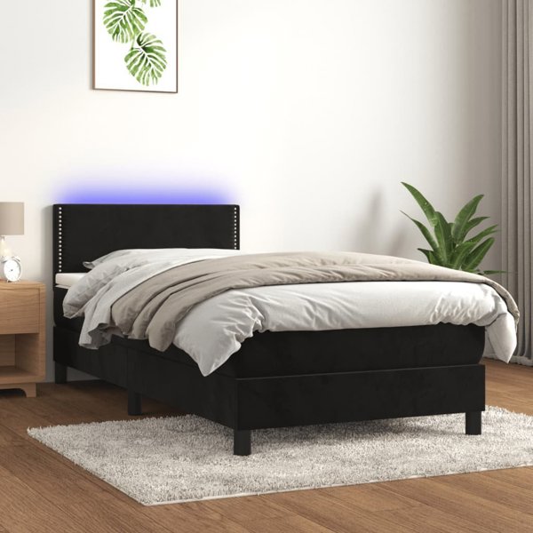 vidaXL Κοντινενταλ κρεβάτι με στρώμα και LED, μαύρο βελούδο 90x190 cm