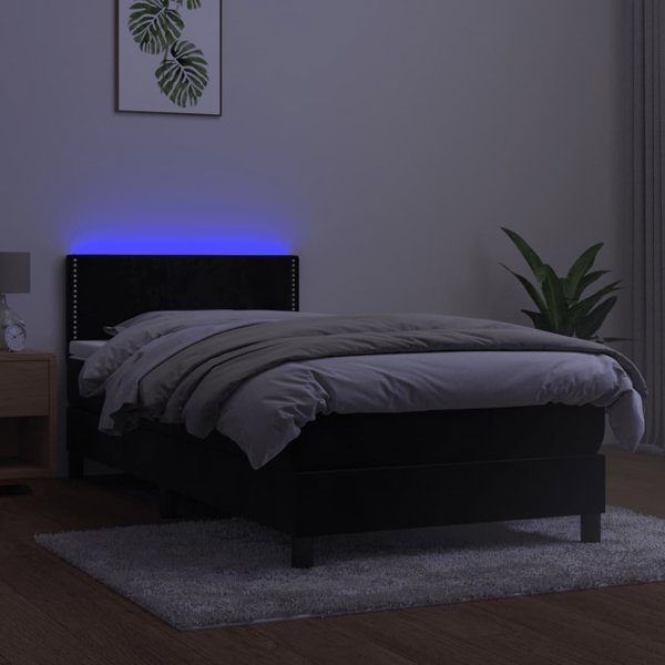 vidaXL Κοντινενταλ κρεβάτι με στρώμα και LED, μαύρο βελούδο 90x190 cm
