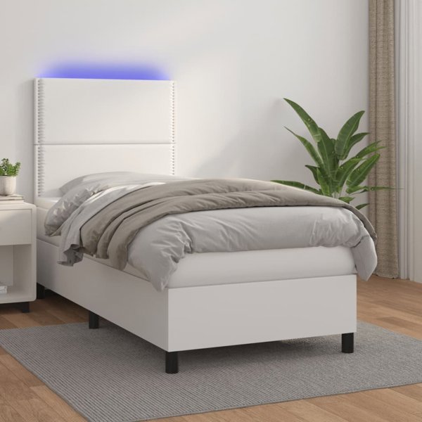 vidaXL κρεβάτι κοντινεντάλ με στρώμα και LED, λευκό συνθετικό δέρμα 100x200 εκ