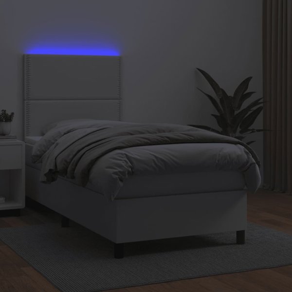 vidaXL κρεβάτι κοντινεντάλ με στρώμα και LED, λευκό συνθετικό δέρμα 100x200 εκ