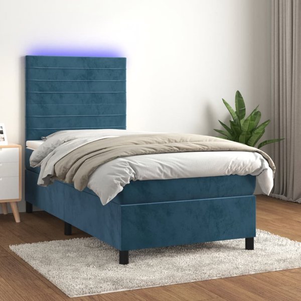 vidaXL Κρεβάτι Κοντινεντάλ με Στρώμα και LED, Μπλε Βελούδο, 100x200 cm