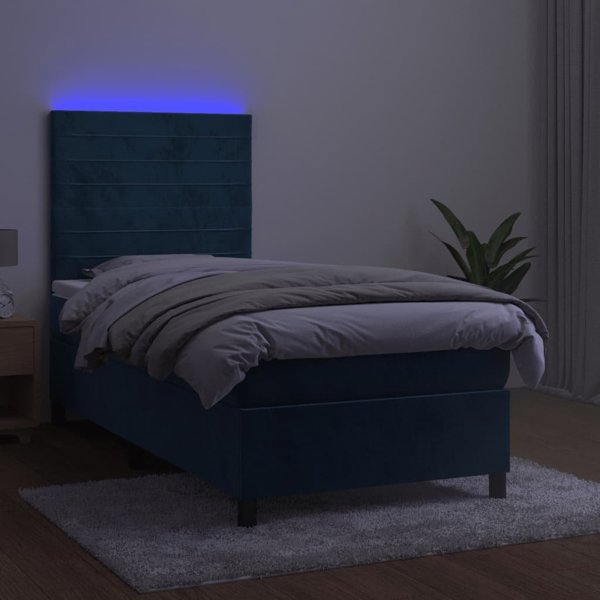 vidaXL Κρεβάτι Κοντινεντάλ με Στρώμα και LED, Μπλε Βελούδο, 100x200 cm