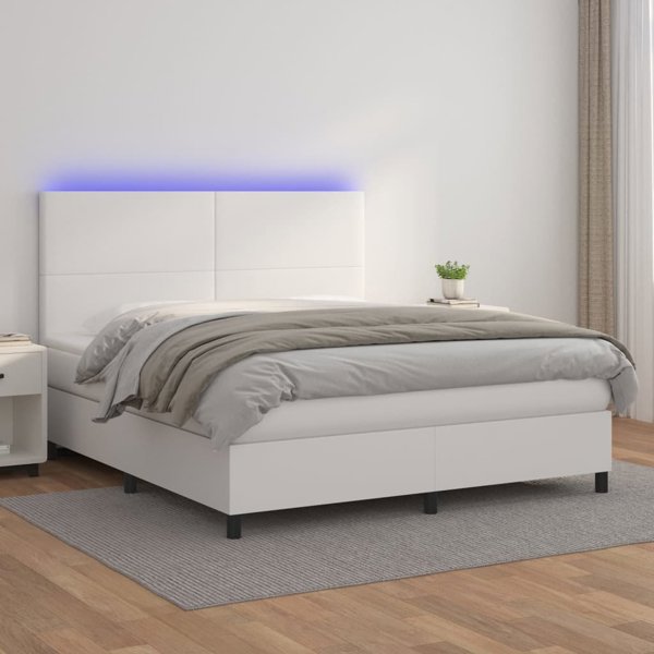 vidaXL Κρεβάτι κοντινεντάλ με στρώμα και LED, λευκή οικολογική δερματίνη 160x200 εκ.