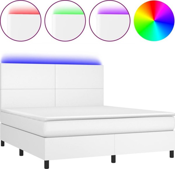 vidaXL Κρεβάτι κοντινεντάλ με στρώμα και LED, λευκή οικολογική δερματίνη 160x200 εκ.