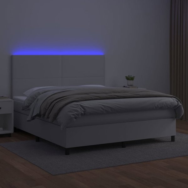 vidaXL Κρεβάτι κοντινεντάλ με στρώμα και LED, λευκή οικολογική δερματίνη 160x200 εκ.