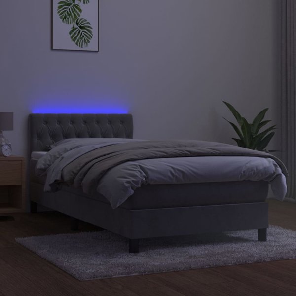 vidaXL Lozko kontynentalne z materacem i LED szare aksamit 90x190 cm