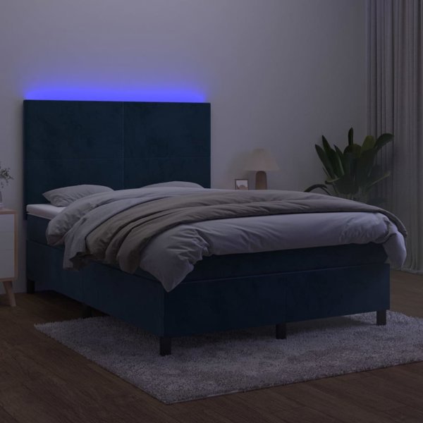 vidaXL Κρεβάτι κοντινένταλ με στρώμα και LED, μπλε βελούδο, 140x190 cm
