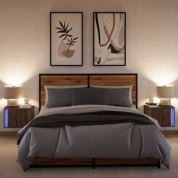 vidaXL Κρεμαστά κομοδίνα με LED, 2 τεμάχια, καφέ δρυς