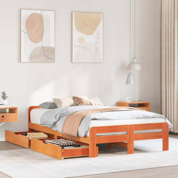 vidaXL Σκελετός κρεβατιού 135x190 cm από μασίφ πεύκο σε κεχριμπαρένιο καφέ