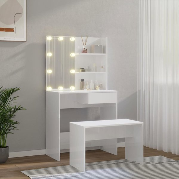vidaXL Σετ με Τουαλέτα και Φωτισμό LED, Λευκό με Γυαλιστερή Επιφάνεια