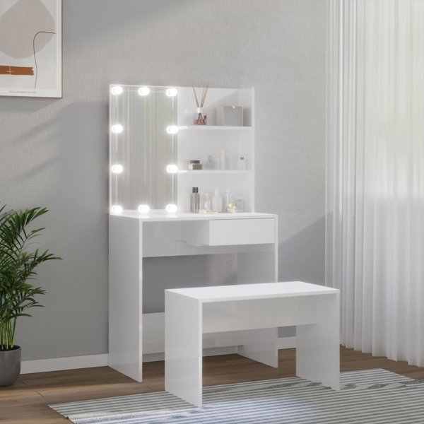vidaXL Σετ με Τουαλέτα και Φωτισμό LED, Λευκό με Γυαλιστερή Επιφάνεια