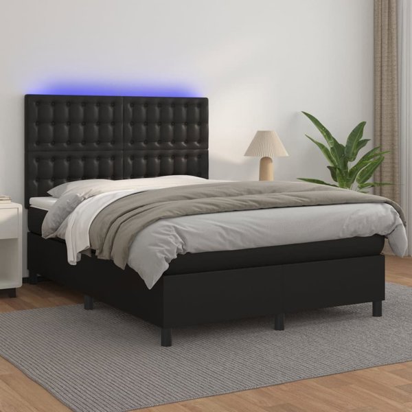 vidaXL Κρεβάτι κοντινεντάλ με στρώμα και LED, μαύρο οικοδέρμα, 140x200 εκ.