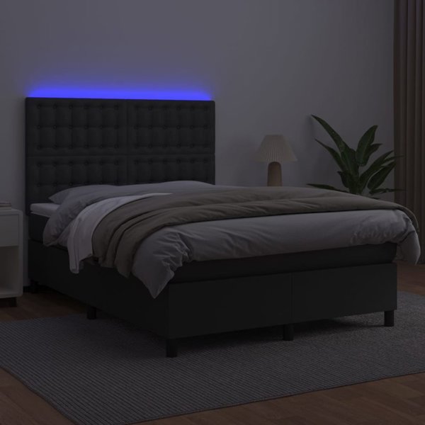 vidaXL Κρεβάτι κοντινεντάλ με στρώμα και LED, μαύρο οικοδέρμα, 140x200 εκ.
