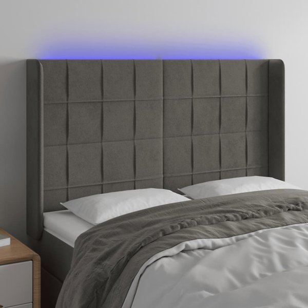 vidaXL Προσκέφαλο κρεβατιού με LED, σκούρο γκρι, 147x16x118/128 εκ, βελούδινο