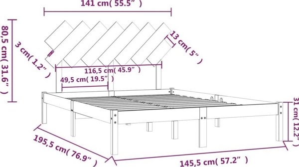 vidaXL Κορνίζα Κρεβατιού, Μαύρη, 140x190 cm, από Μασίφ Ξύλο