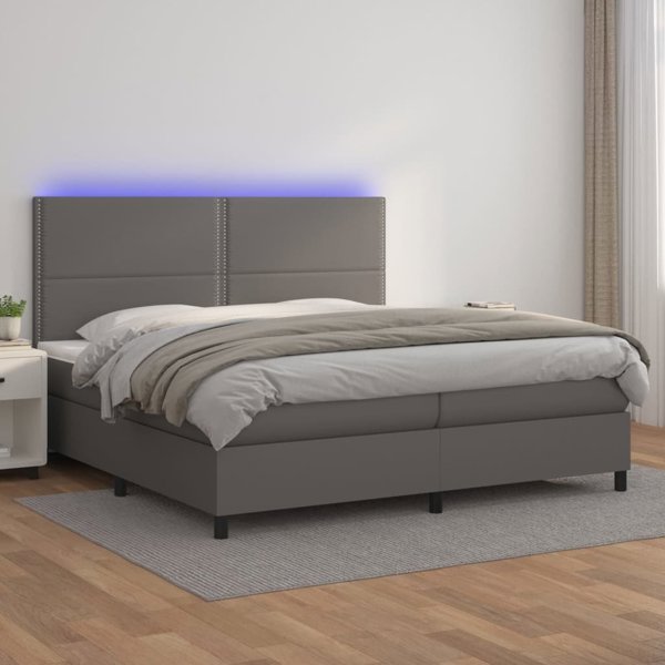 vidaXL Κρεβάτι Κοντινεντάλ με Στρώμα και LED, Γκρι Φυσικό Δέρμα 200x200 cm