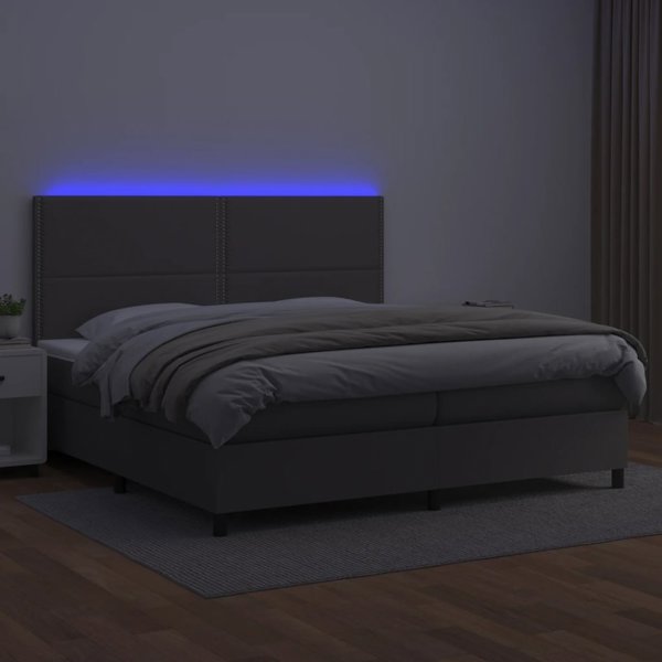 vidaXL Κρεβάτι Κοντινεντάλ με Στρώμα και LED, Γκρι Φυσικό Δέρμα 200x200 cm