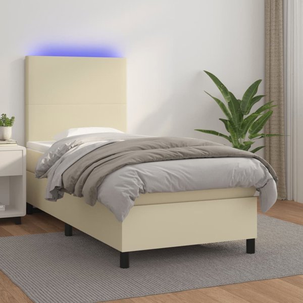 vidaXL Κρεβάτι κοντινένταλ με LED, στρώμα, εκρού, συνθετικό δέρμα 90x190 εκ.