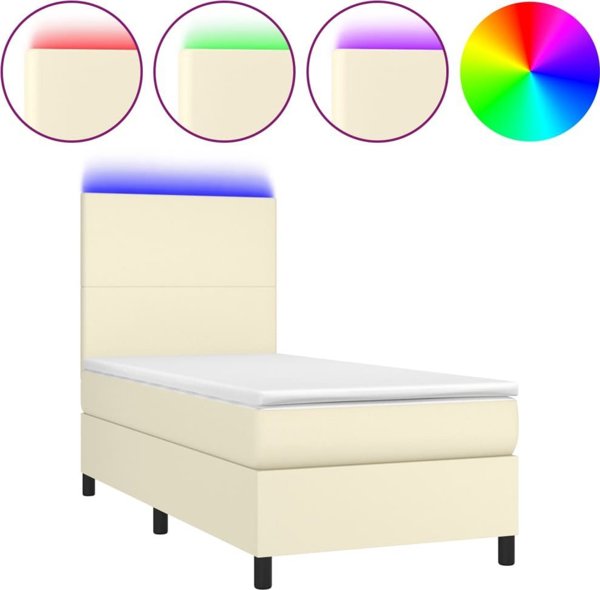 vidaXL Κρεβάτι κοντινένταλ με LED, στρώμα, εκρού, συνθετικό δέρμα 90x190 εκ.