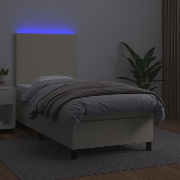 vidaXL Κρεβάτι κοντινένταλ με LED, στρώμα, εκρού, συνθετικό δέρμα 90x190 εκ.