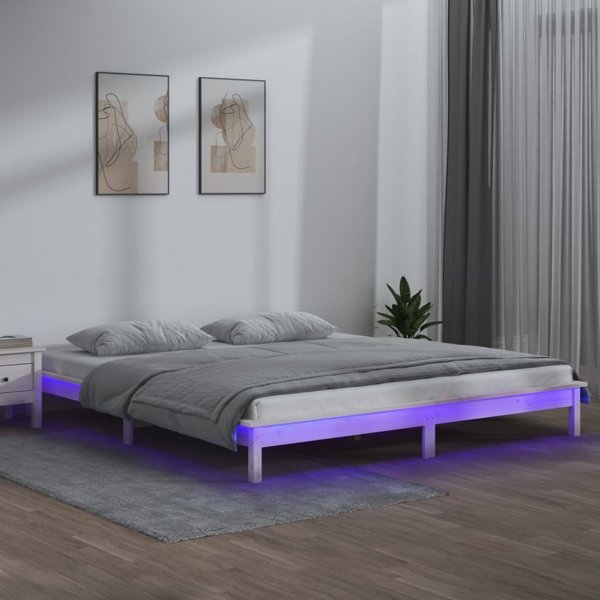 vidaXL Rama κρεβατιού με LED λευκή, 200x200 cm, μασίφ ξύλο