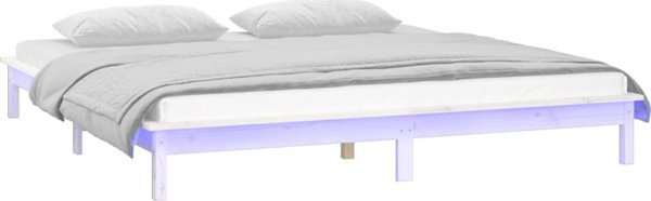 vidaXL Rama κρεβατιού με LED λευκή, 200x200 cm, μασίφ ξύλο