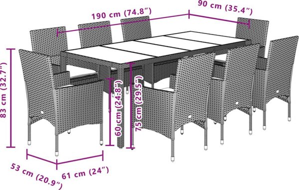 vidaXL 9-cz. zestaw mebli ogrodowych z poduszkami, czarny, polirattan