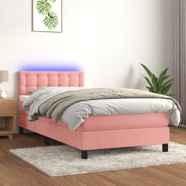vidaXL Κρεβάτι κοντινένταλ με στρώμα και LED, 90x200 εκ., ροζ βελούδο