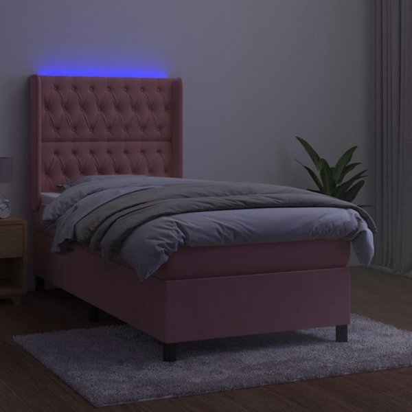 vidaXL Κρεβάτι κοντινεντάλ με στρώμα και LED, ροζ βελούδινο, 90 x 200 cm