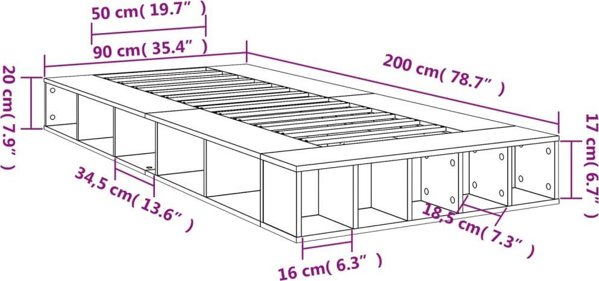 vidaXL Κορμός Κρεβατιού Γκρι Τσιμέντο 90x200 εκ, Ξυλώδες Υλικό