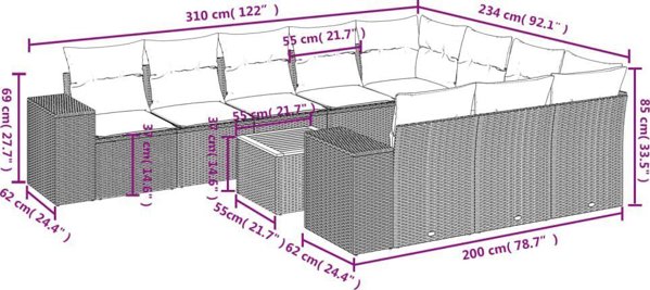 vidaXL Σετ Επίπλων Κήπου 11 Τεμαχίων με Μαξιλάρια, Μπεζ, Πολυρατάν